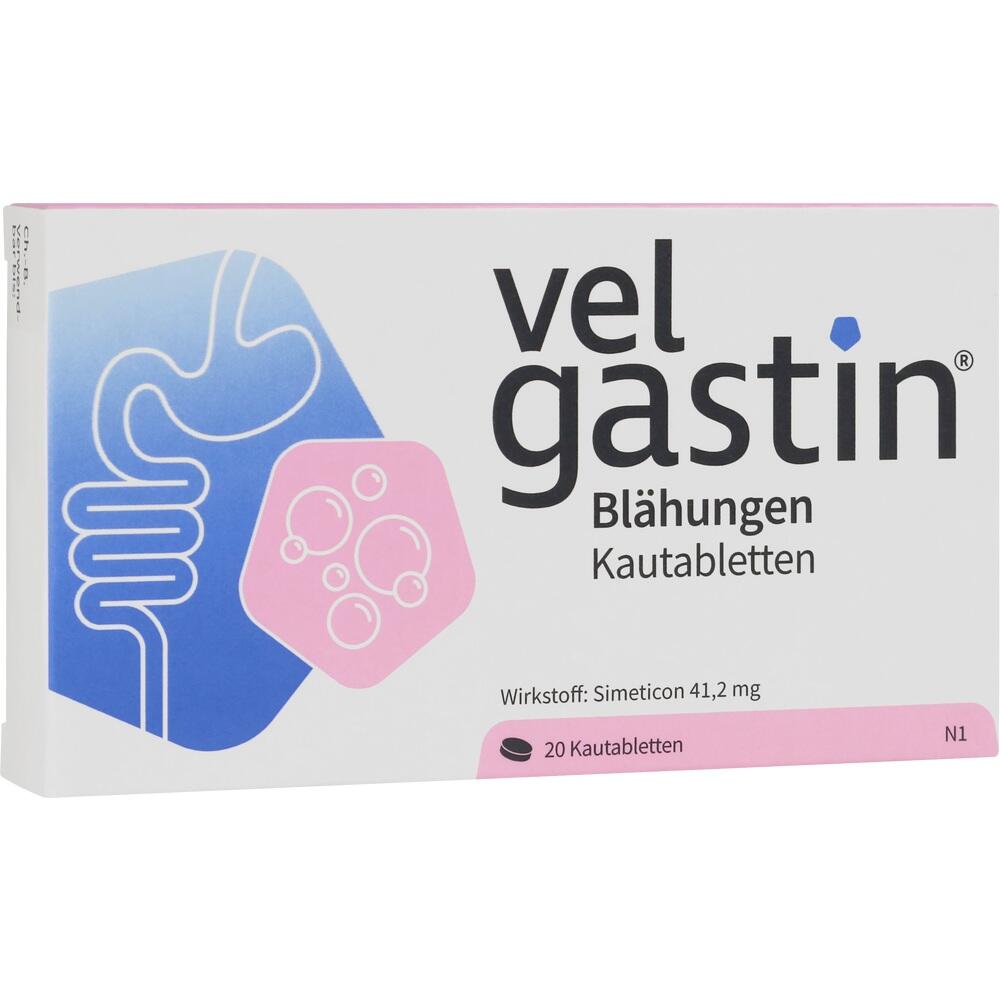 Packung Velgastin-Kautabletten gegen Bl&auml;hungen mit 20 Tabletten.