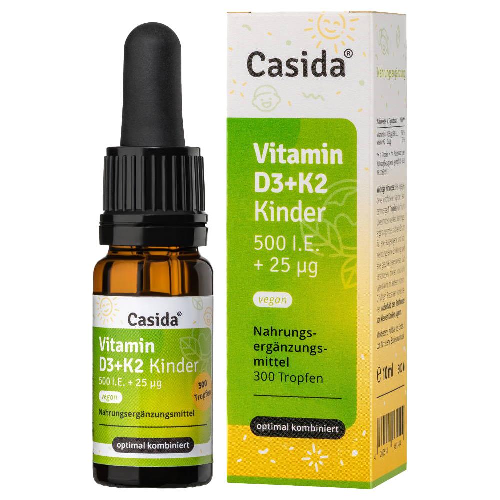 Braune Flasche und Verpackung von Vitamin D3+K2 für Kinder.