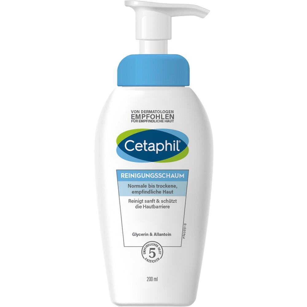 Wei&szlig;e Pumpflasche mit blauem Deckel, enth&auml;lt Cetaphil Reinigungsschaum f&uuml;r empfindliche Haut.