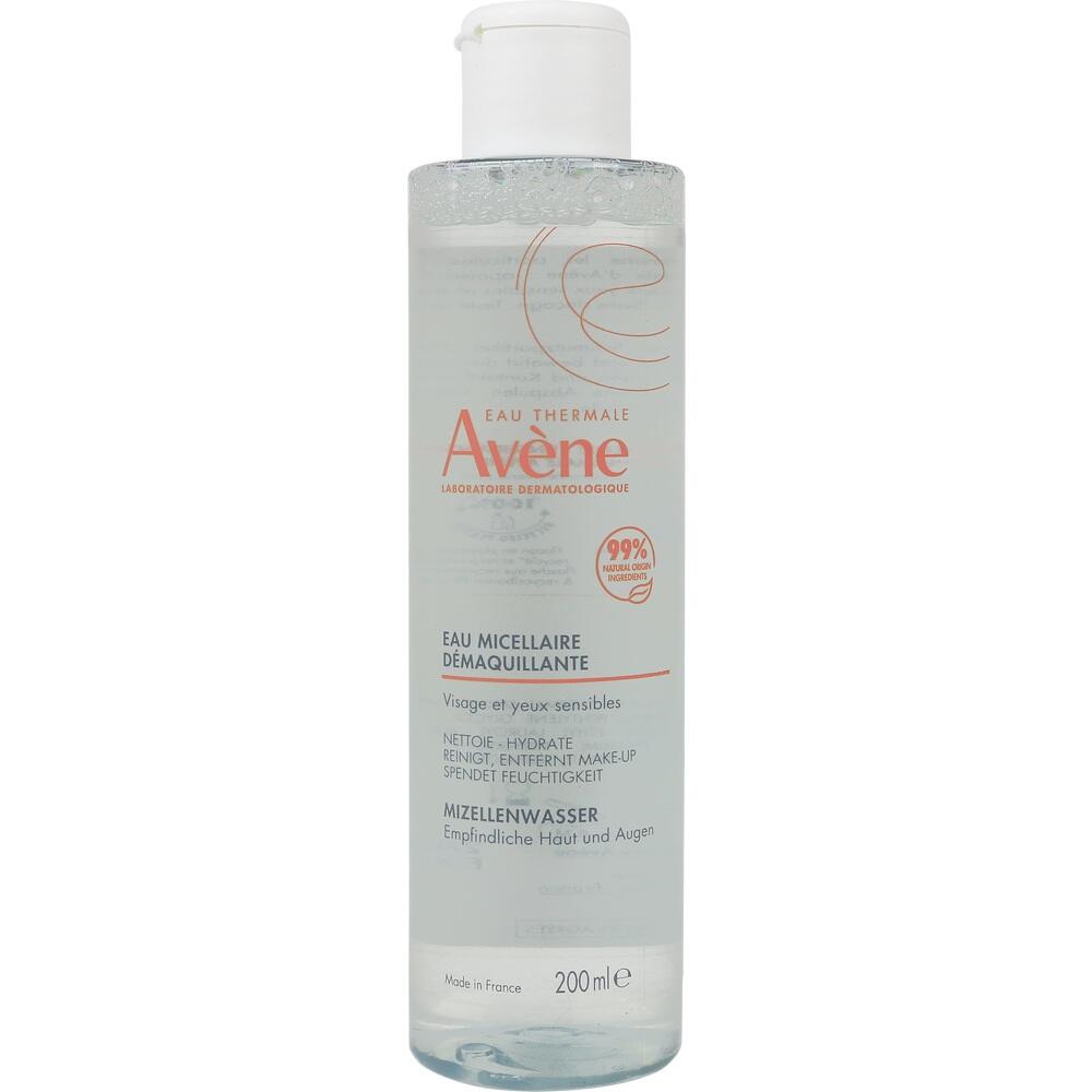 Eine Flasche Mizellenwasser von Avène für empfindliche Haut und Augen.