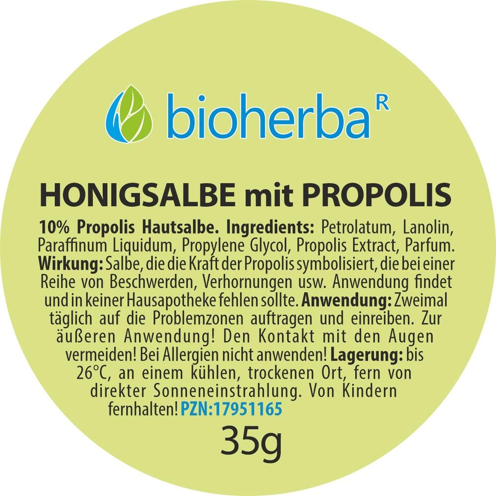 Runde Verpackung einer Honigsalbe mit Propolis zur &auml;u&szlig;eren Anwendung, 35g.