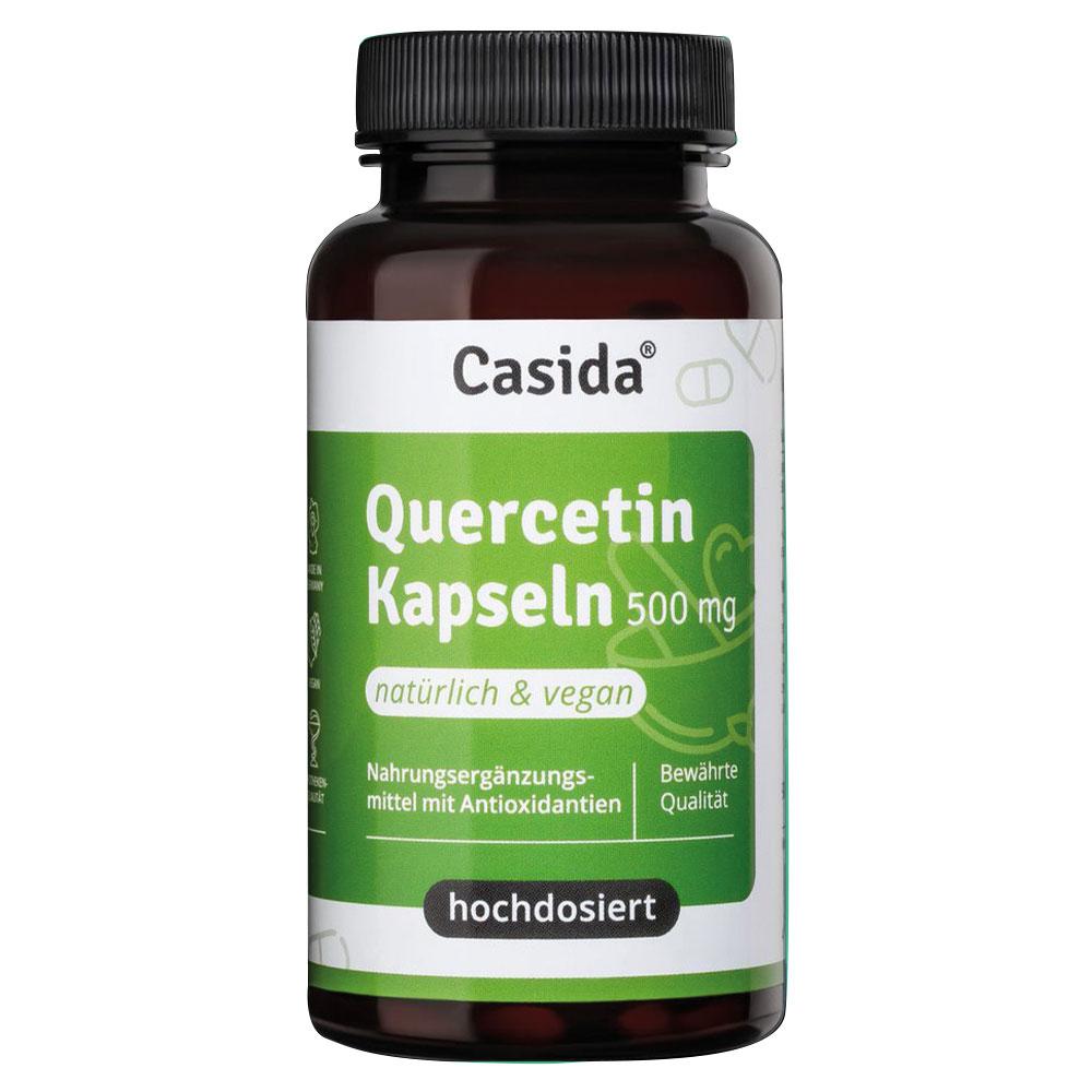 Braunes Fläschchen mit Quercetin-Kapseln, 500 mg, natürlich und vegan.