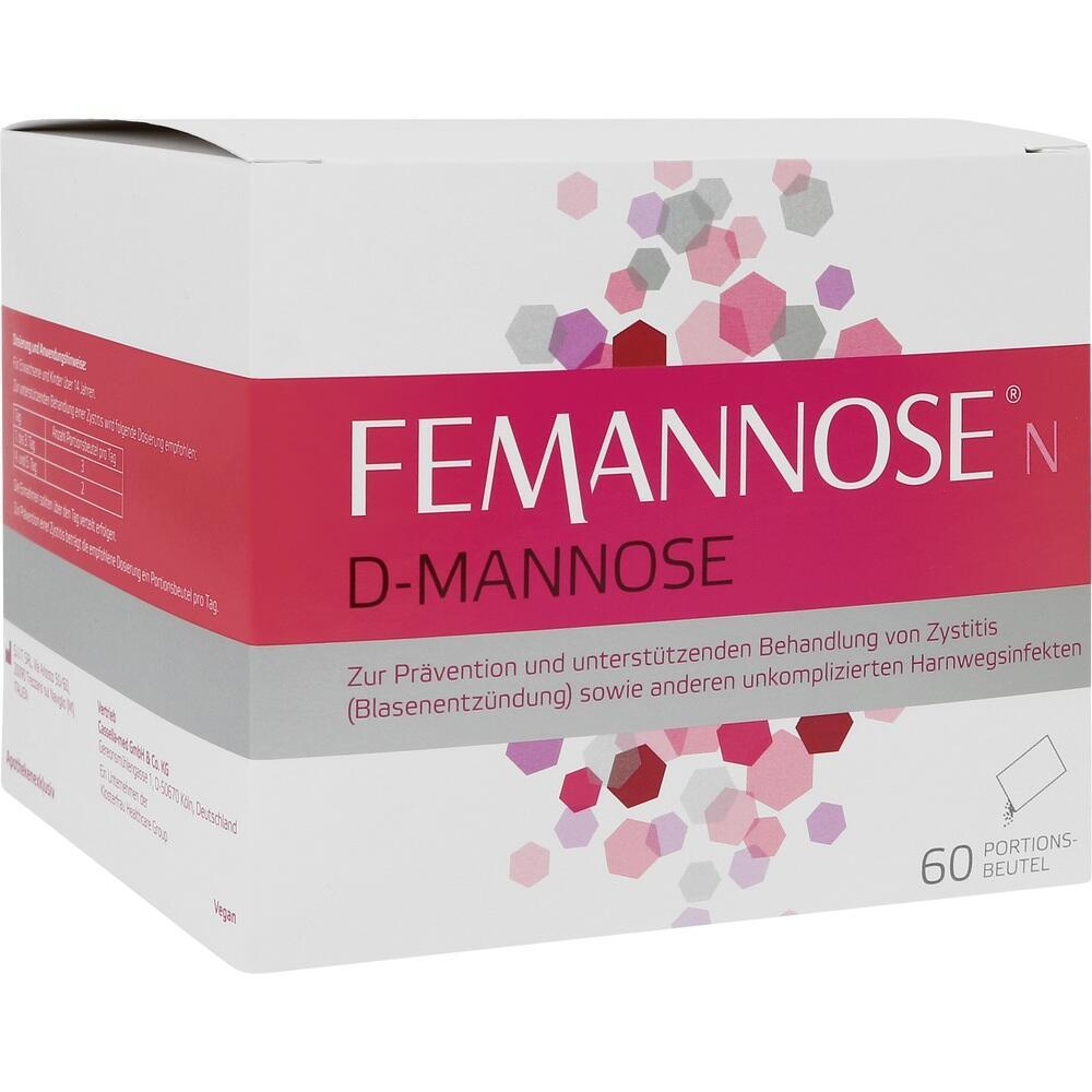 Eine wei&szlig;e und rosa Verpackung mit der Aufschrift "Femannose D-Mannose".