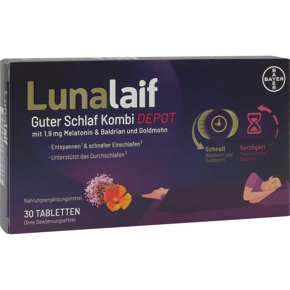 Packung von Lunalif-Tabletten f&uuml;r besseren Schlaf mit Melatonin, Baldrian und Goldmohn.