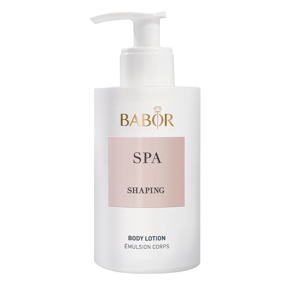 Eine wei&szlig;e Flasche mit Pumpverschluss und der Aufschrift "SPA Shaping Body Lotion".