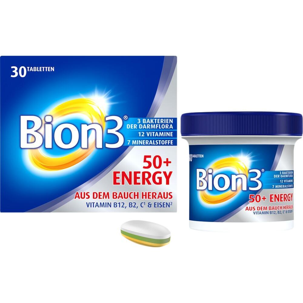 Eine Packung und eine Dose von Bion3 50+ Energy mit Tabletten sind zu sehen.