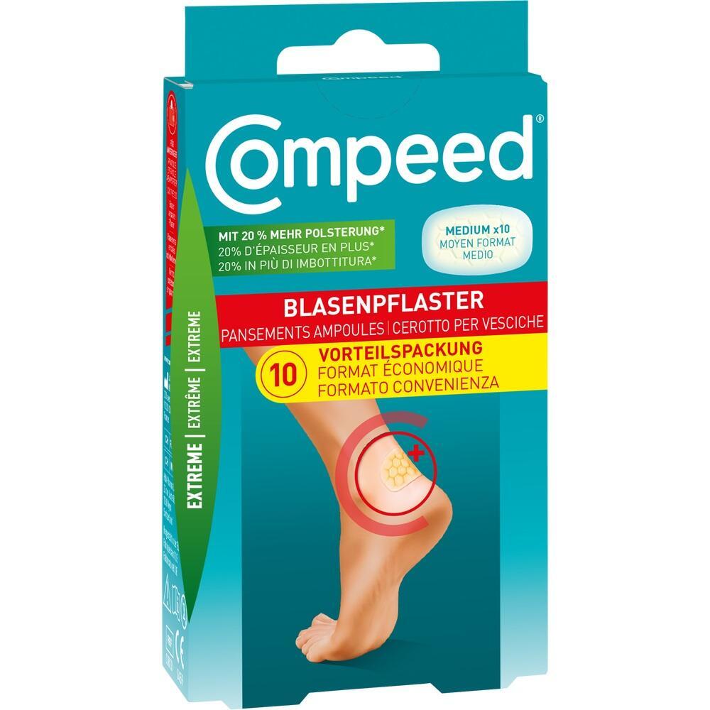 Verpackung von Compeed Blasenpflastern mit Bild eines Fu&szlig;es und Text in mehreren Sprachen.