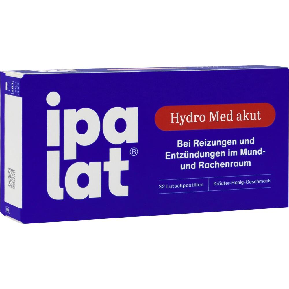 Blaue Packung von ipalat Hydro Med akut mit 32 Lutschpastillen bei Halsreizungen.