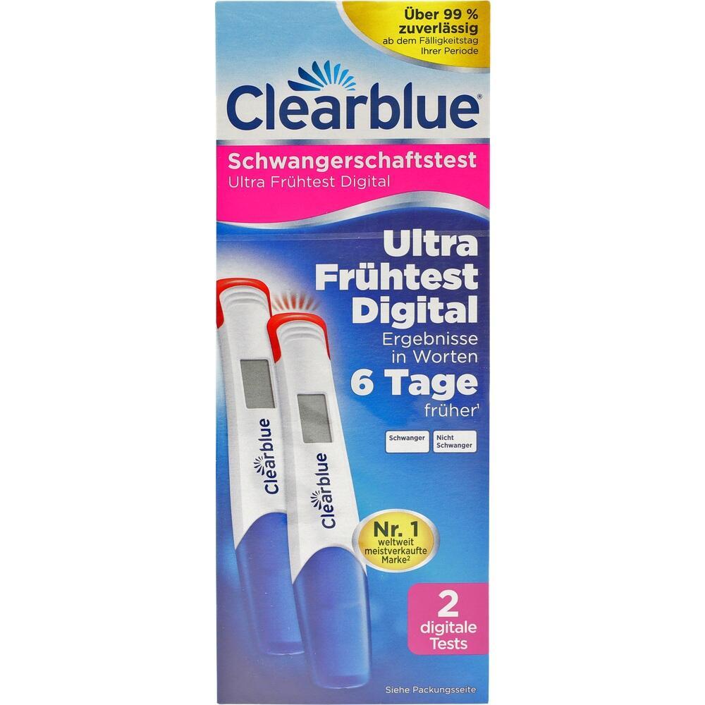 Verpackung eines digitalen Schwangerschaftstests von Clearblue mit zwei Tests.