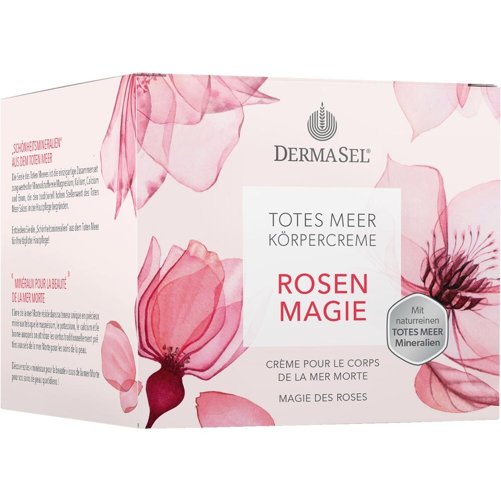 Die Verpackung zeigt eine K&ouml;rpercreme mit Rosenmotiv und der Aufschrift "Totes Meer Rosen Magie".
