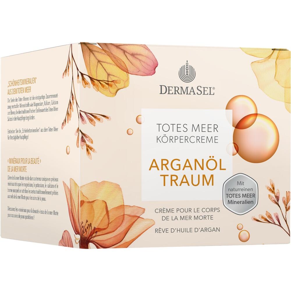 Eine Cremeverpackung mit Blumenmotiv und der Aufschrift "Argan&ouml;l Traum".