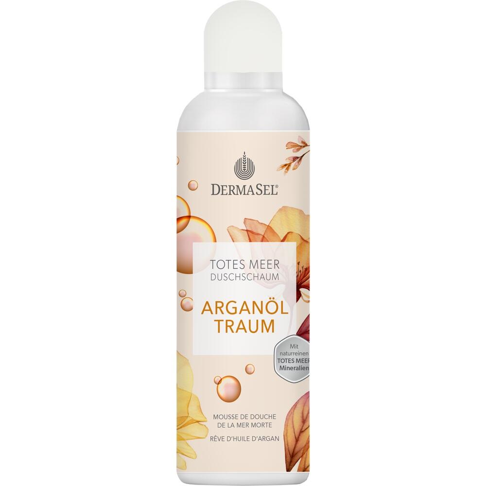 Wei&szlig;e Flasche mit Duschschaum aus Argan&ouml;l und Totes Meer Mineralien von DermaSel.