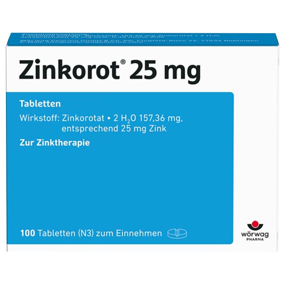Blaue Medikamentenverpackung mit der Aufschrift "Zinkorot 25 mg" f&uuml;r Zinktherapie.