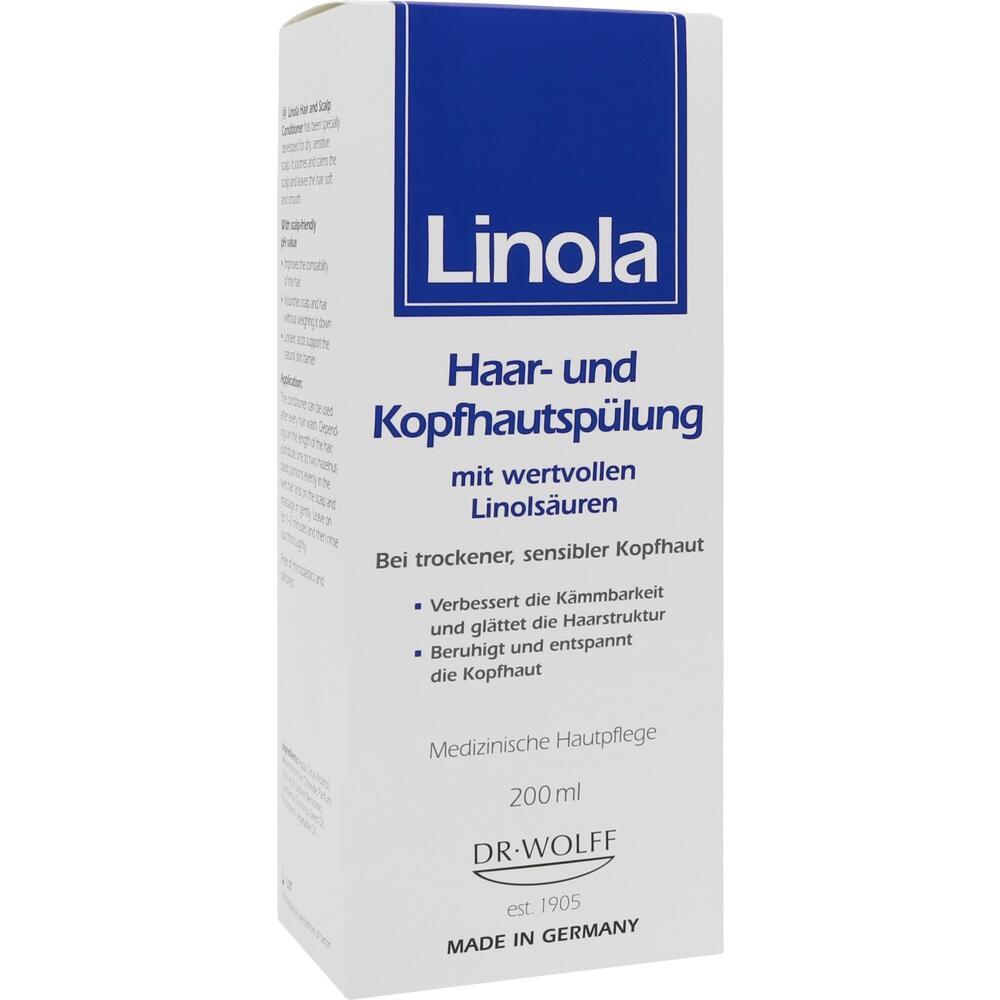 Eine Packung Haar- und Kopfhautsp&uuml;lung von Linola, 200 ml, f&uuml;r trockene Kopfhaut.