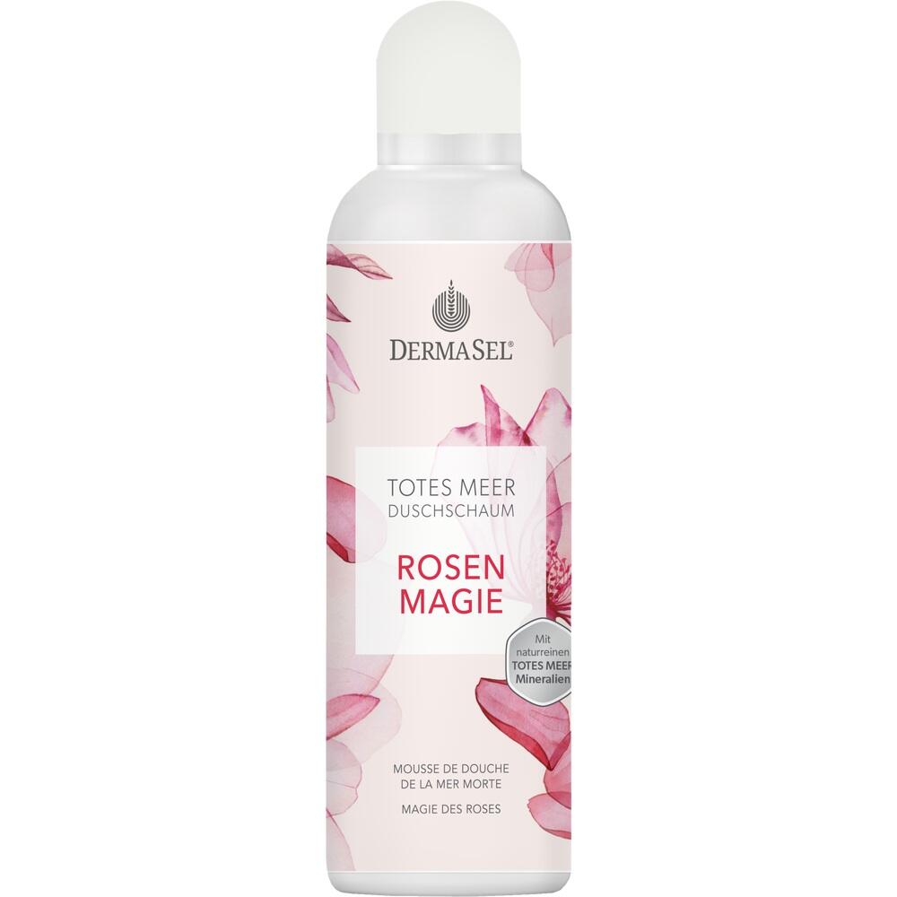 Eine Flasche Duschschaum mit rosa Blumenmuster und der Aufschrift "Rosen Magie".
