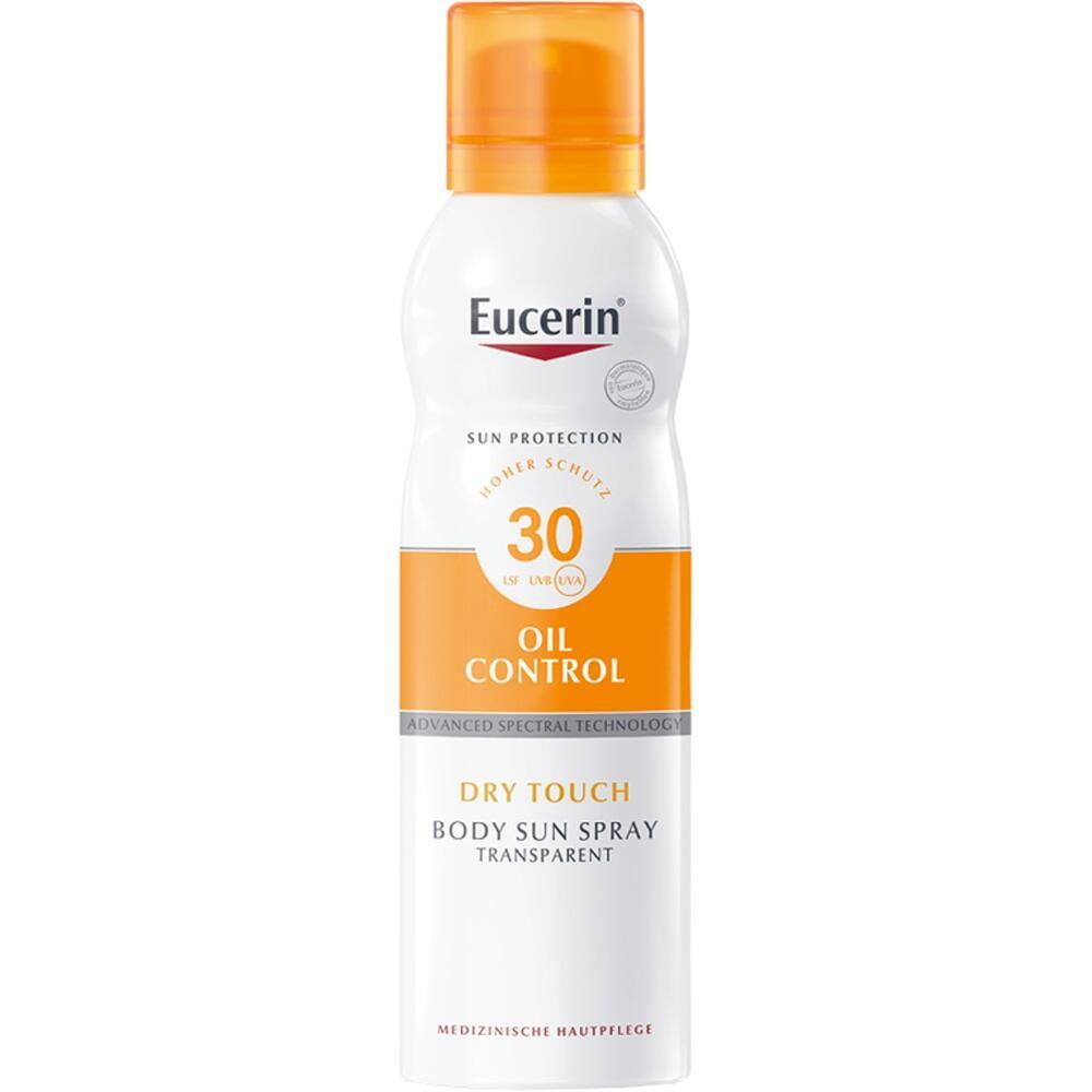 Wei&szlig;e Flasche mit orangenen Details und der Aufschrift "Eucerin Sun Spray LSF 30".