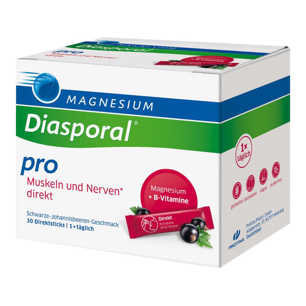 Verpackung von Diasporal Magnesium mit schwarzen Johannisbeeren-Geschmack.