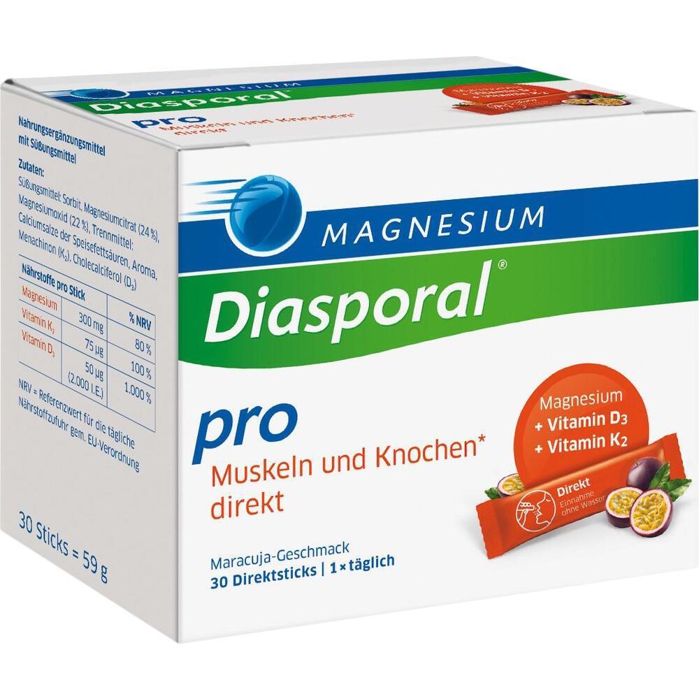 Eine Packung Diasporal Magnesium-Sticks f&uuml;r Muskeln und Knochen in Maracuja-Geschmack.
