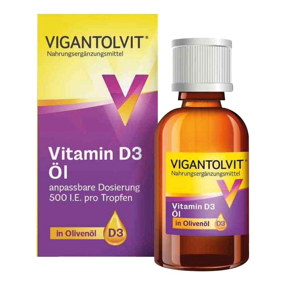 Flasche und Packung mit Vitamin-D3-&Ouml;l in Oliven&ouml;l von Vigantolvit.