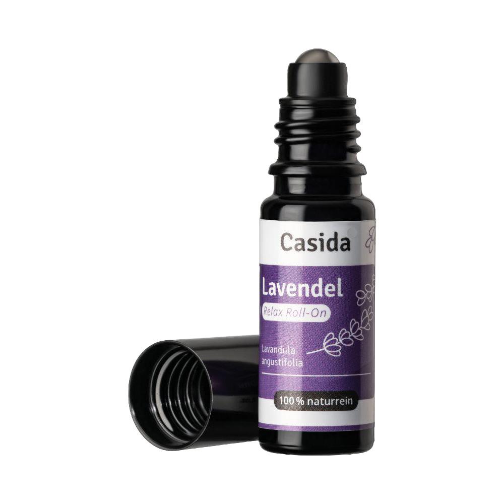 Ein offenes Roll-On Fl&auml;schchen mit Lavendel&ouml;l.