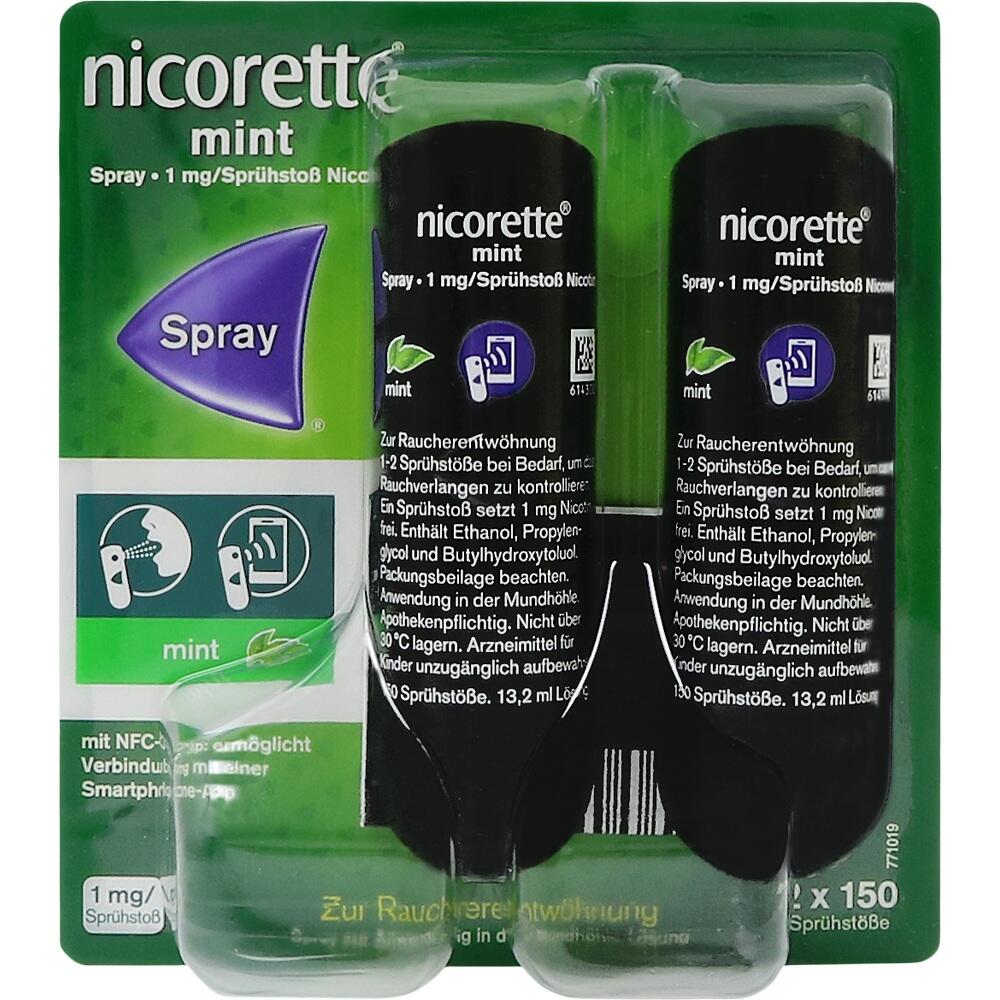 Zwei Fläschchen Nicorette Mint Spray zur Raucherentwöhnung in einer Verpackung.