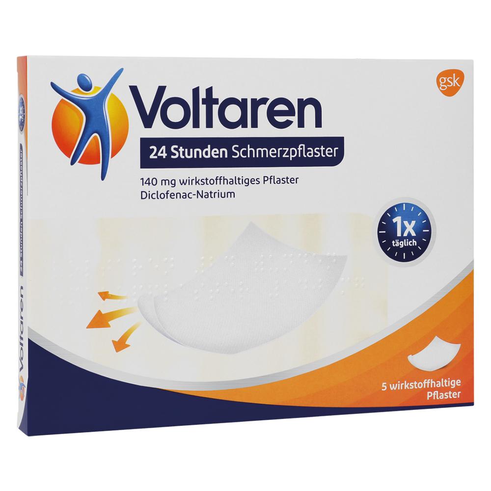 Eine Packung Voltaren Schmerzpflaster mit abgebildetem Pflaster.