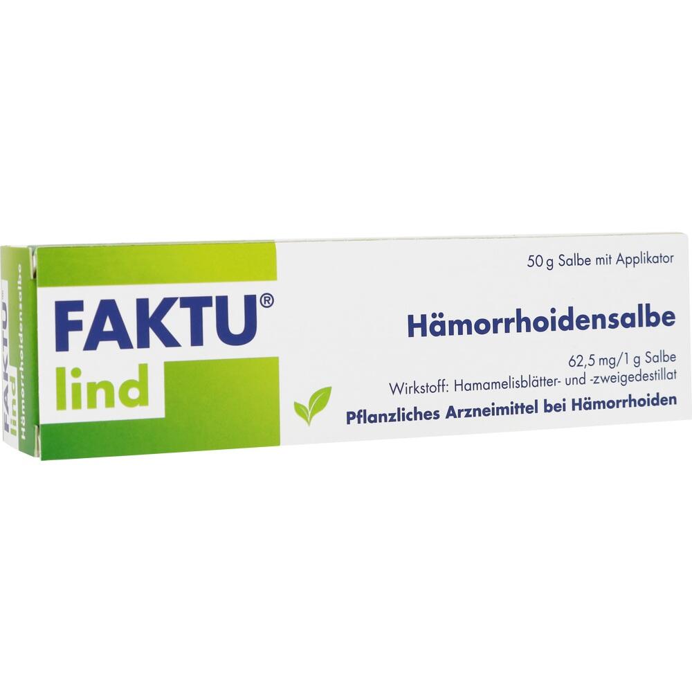 Eine gr&uuml;ne und wei&szlig;e Schachtel H&auml;morrhoidensalbe von FAKTU lind.
