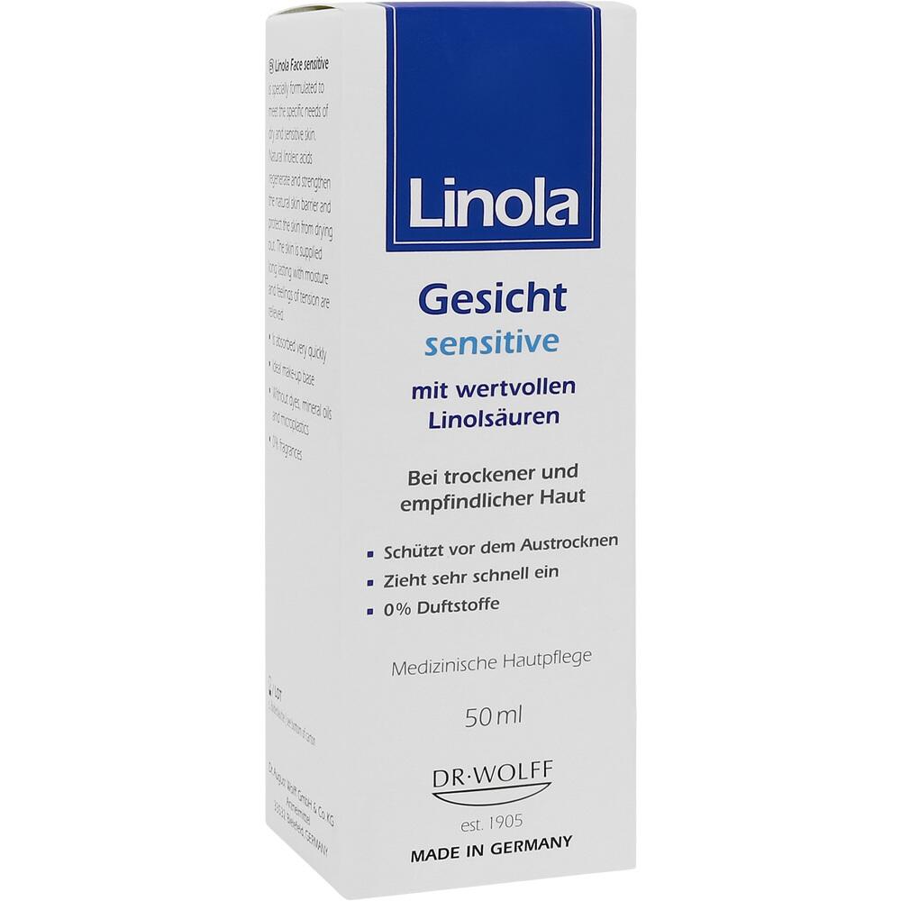 Eine wei&szlig;e Verpackung von Linola Gesichtscreme f&uuml;r empfindliche Haut.