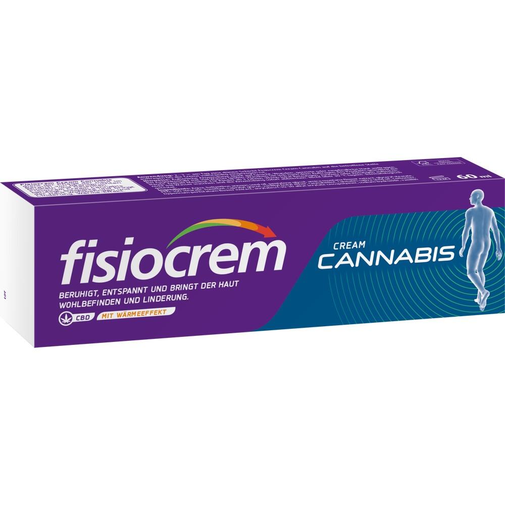 Lila Tube mit der Aufschrift "Fisiocrem Cannabis" und einem stilisierten Menschen.