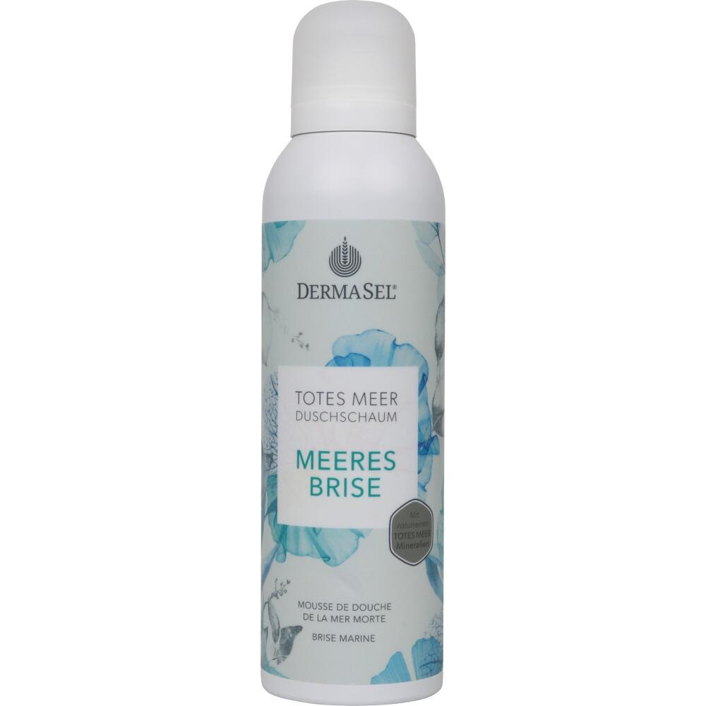 Eine Flasche Duschschaum mit blauem Blumenmuster und der Aufschrift "Meeres Brise".