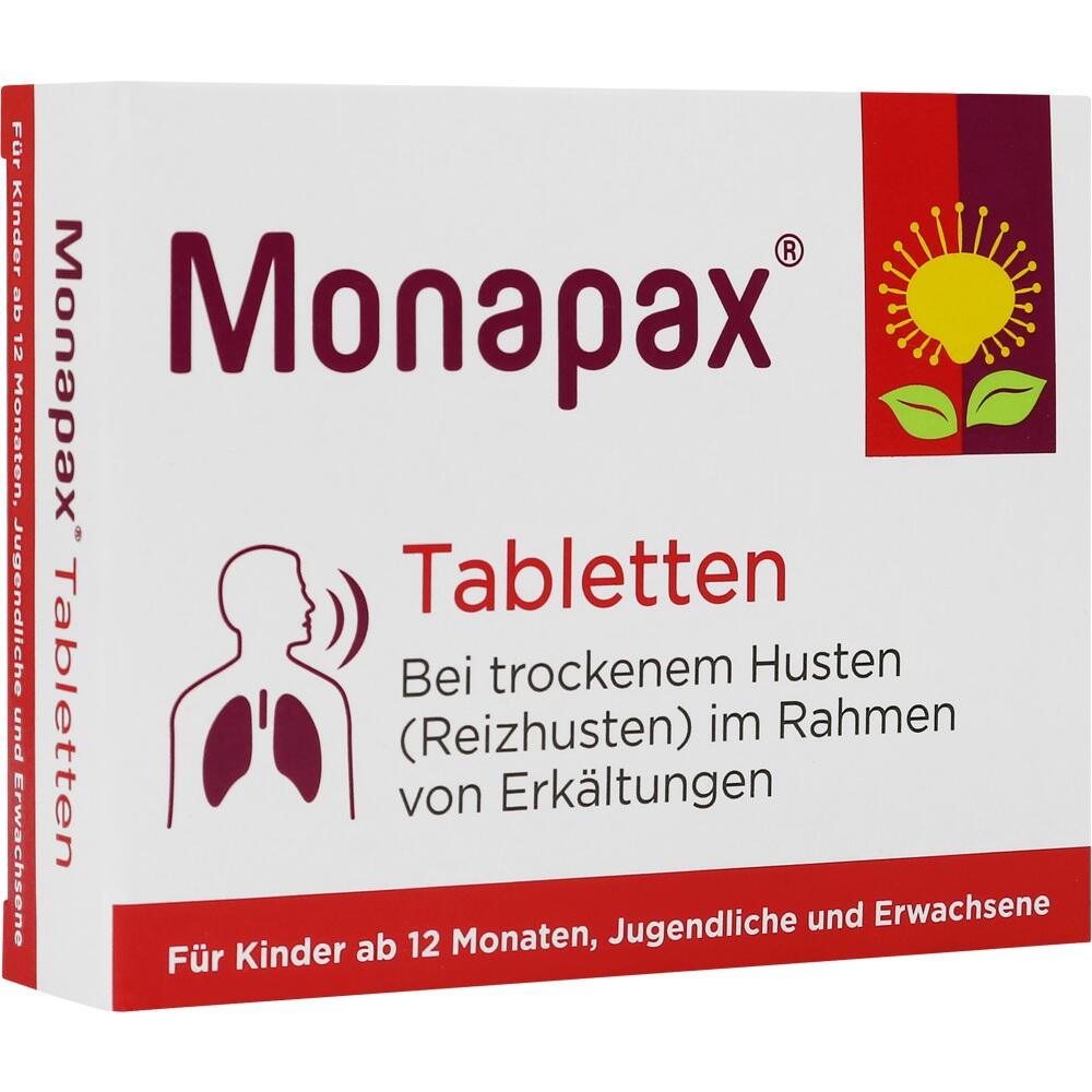 Verpackung von Monapax-Tabletten gegen trockenen Reizhusten bei Erk&auml;ltungen.