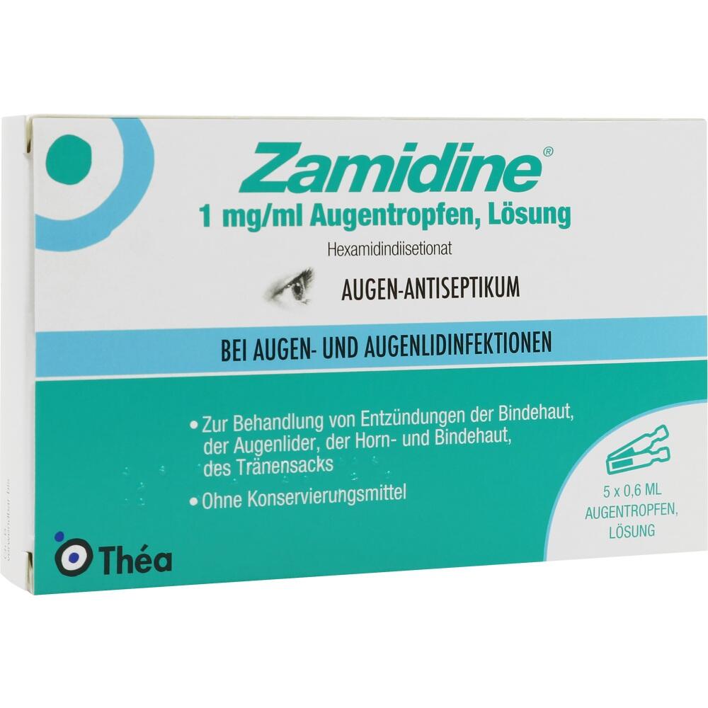 Die Verpackung zeigt Zamidine Augentropfen f&uuml;r Augeninfektionen.