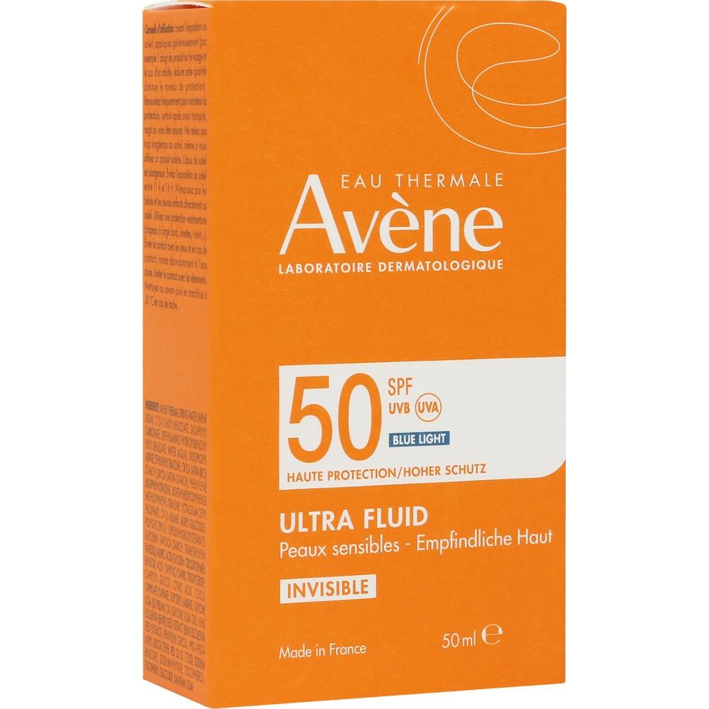 Orange Verpackung von Avène Sonnenschutz mit Lichtschutzfaktor 50 für empfindliche Haut.