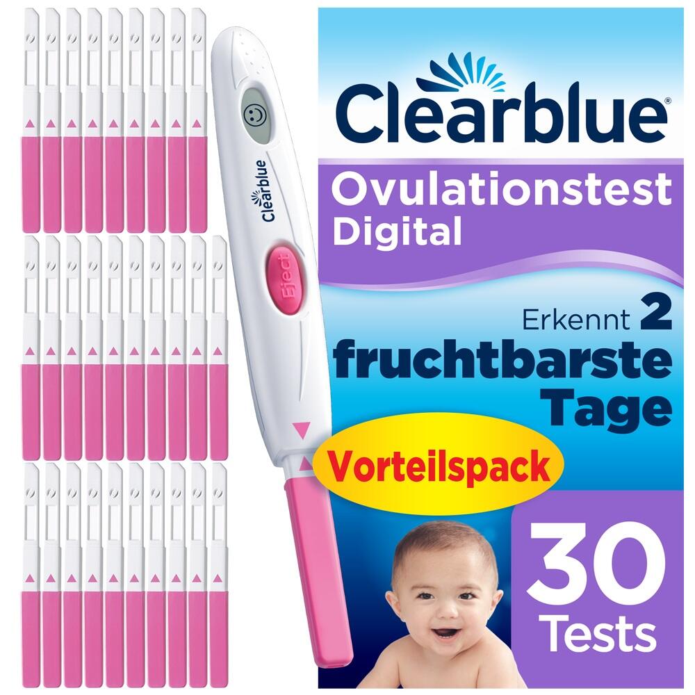 Eine Packung mit 30 digitalen Ovulationstests von Clearblue und einem l&auml;chelnden Baby.