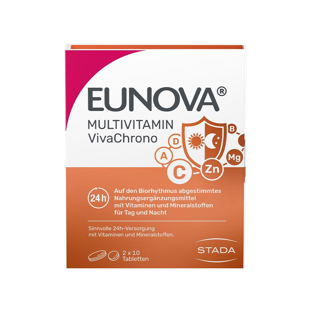 Eine Packung von EUNOVA Multivitamin, abgestimmt auf den Biorhythmus.