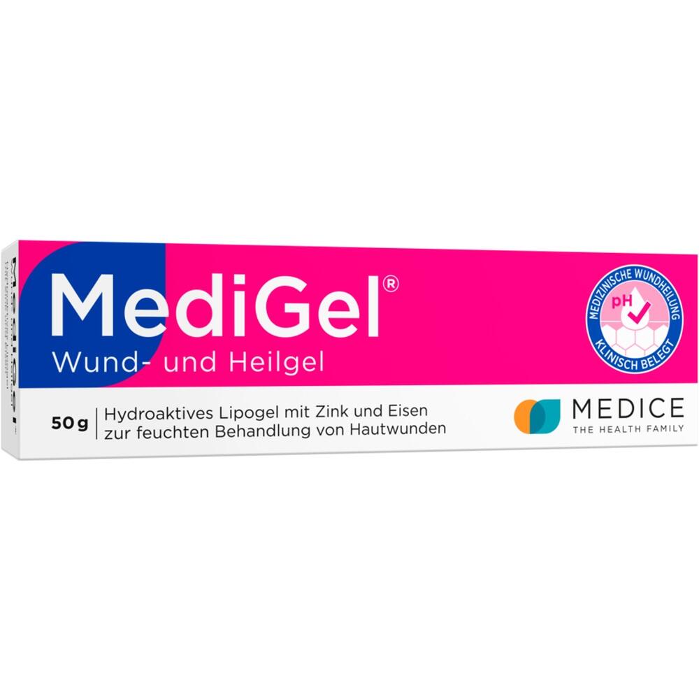Eine pink-blaue Medikamentenverpackung f&uuml;r Wund- und Heilgel namens MediGel.