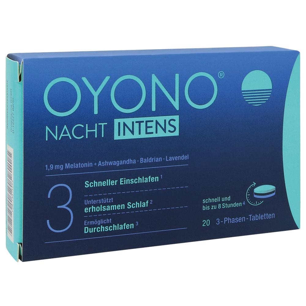 Blaue Schachtel f&uuml;r Schlafmittel mit der Aufschrift "Oyono Nacht Intens".