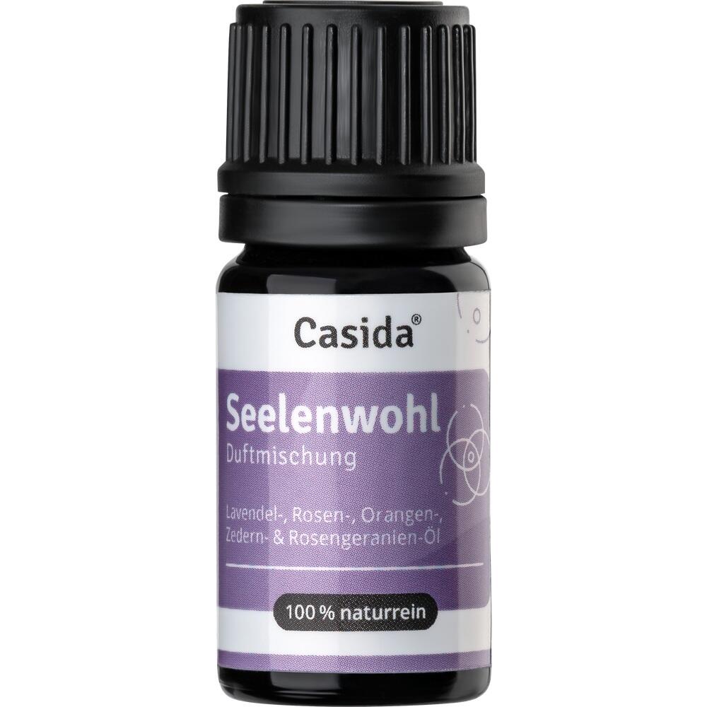 Kleines Fläschchen mit der Duftmischung "Seelenwohl" und lila Etikett.