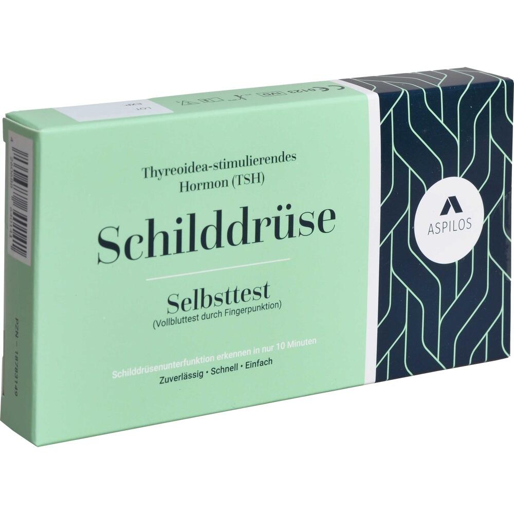 Gr&uuml;ne Verpackung eines Schilddr&uuml;sen-Selbsttests mit Aufschrift.