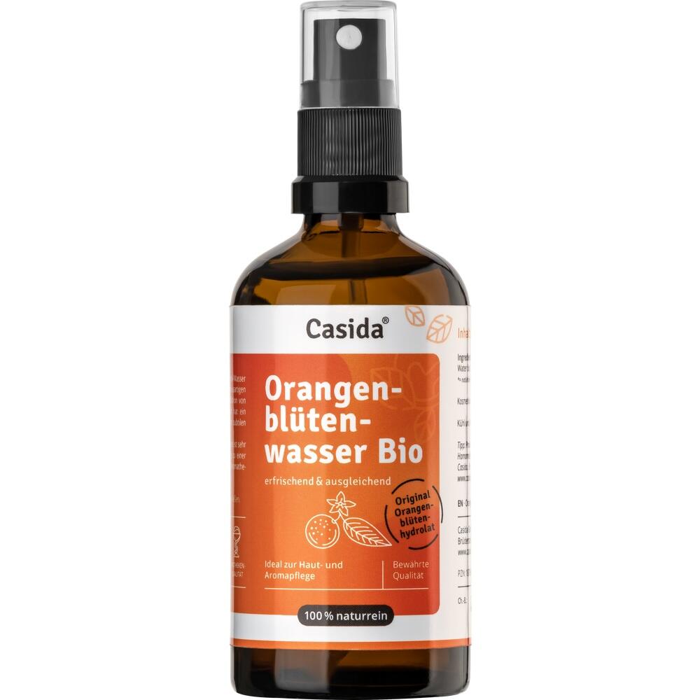 Eine braune Sprühflasche mit der Aufschrift "Orangenblütenwasser Bio" von Casida.