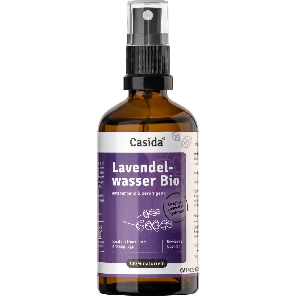 Braune Sprühflasche mit der Aufschrift "Lavendelwasser Bio".