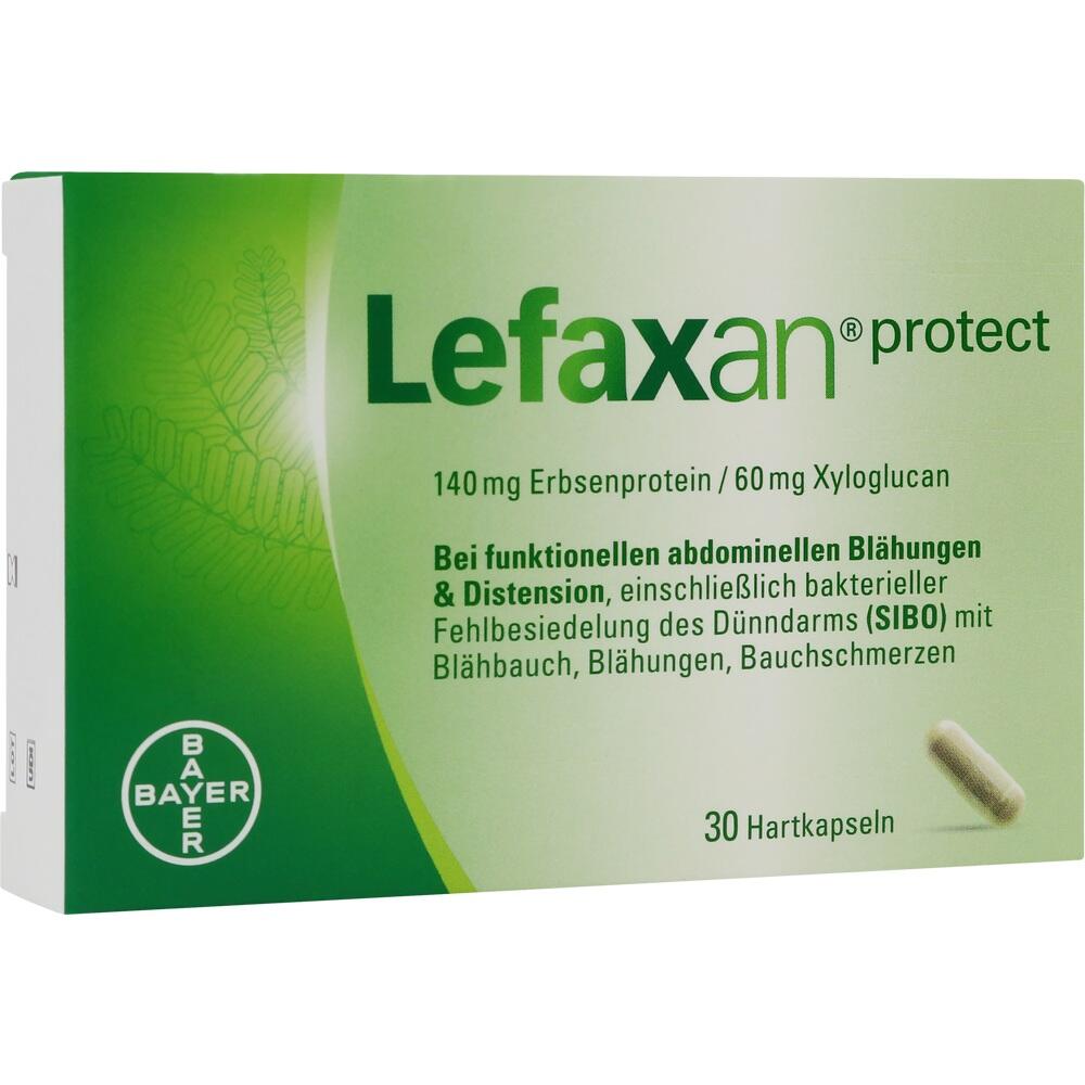 Gr&uuml;ne Packung von Lefaxan protect mit 30 Hartkapseln gegen Bl&auml;hungen.