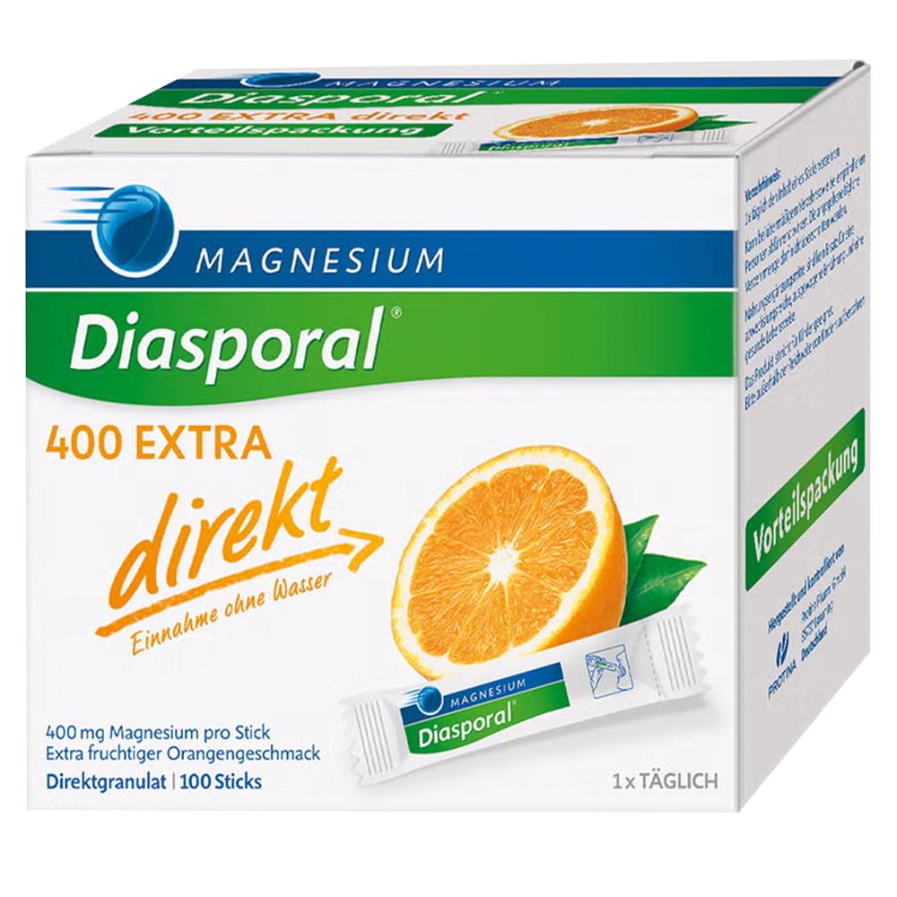 Eine Verpackung Magnesium Diasporal mit Orangengeschmack und 20% Extra gratis.