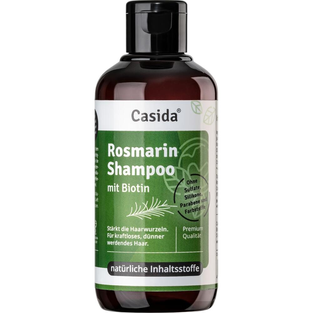Flasche mit Rosmarin-Shampoo von Casida, enthält Biotin und natürliche Inhaltsstoffe.
