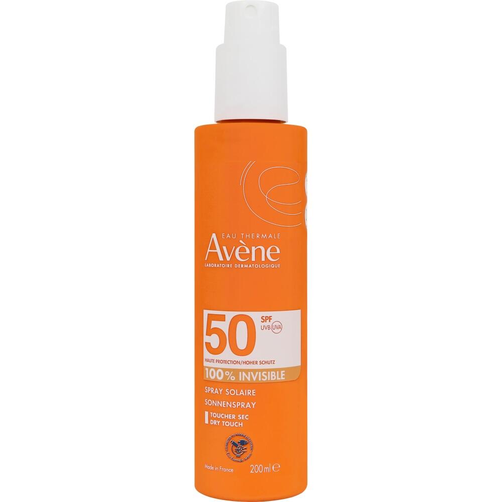 Eine orangeflasche mit Sonnenspray LSF 50 von Avène.