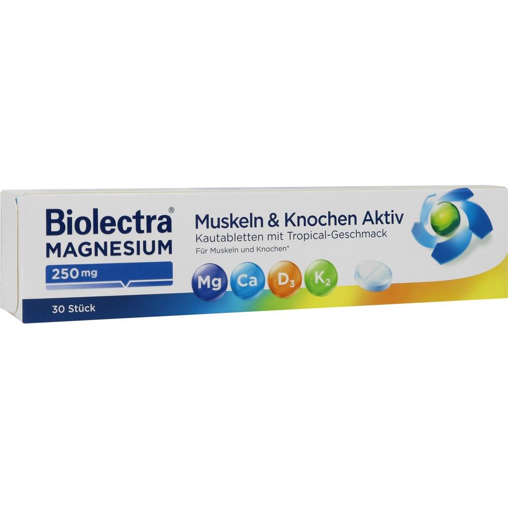 Packung Biolectra Magnesium Kautabletten f&uuml;r Muskeln und Knochen mit Tropical-Geschmack.