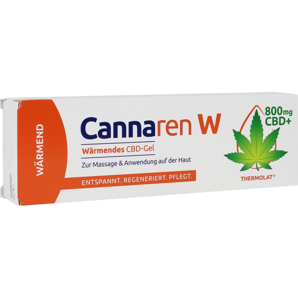 Verpackung eines w&auml;rmenden CBD-Gels mit einem Cannabisblatt und Informationen zur Anwendung.