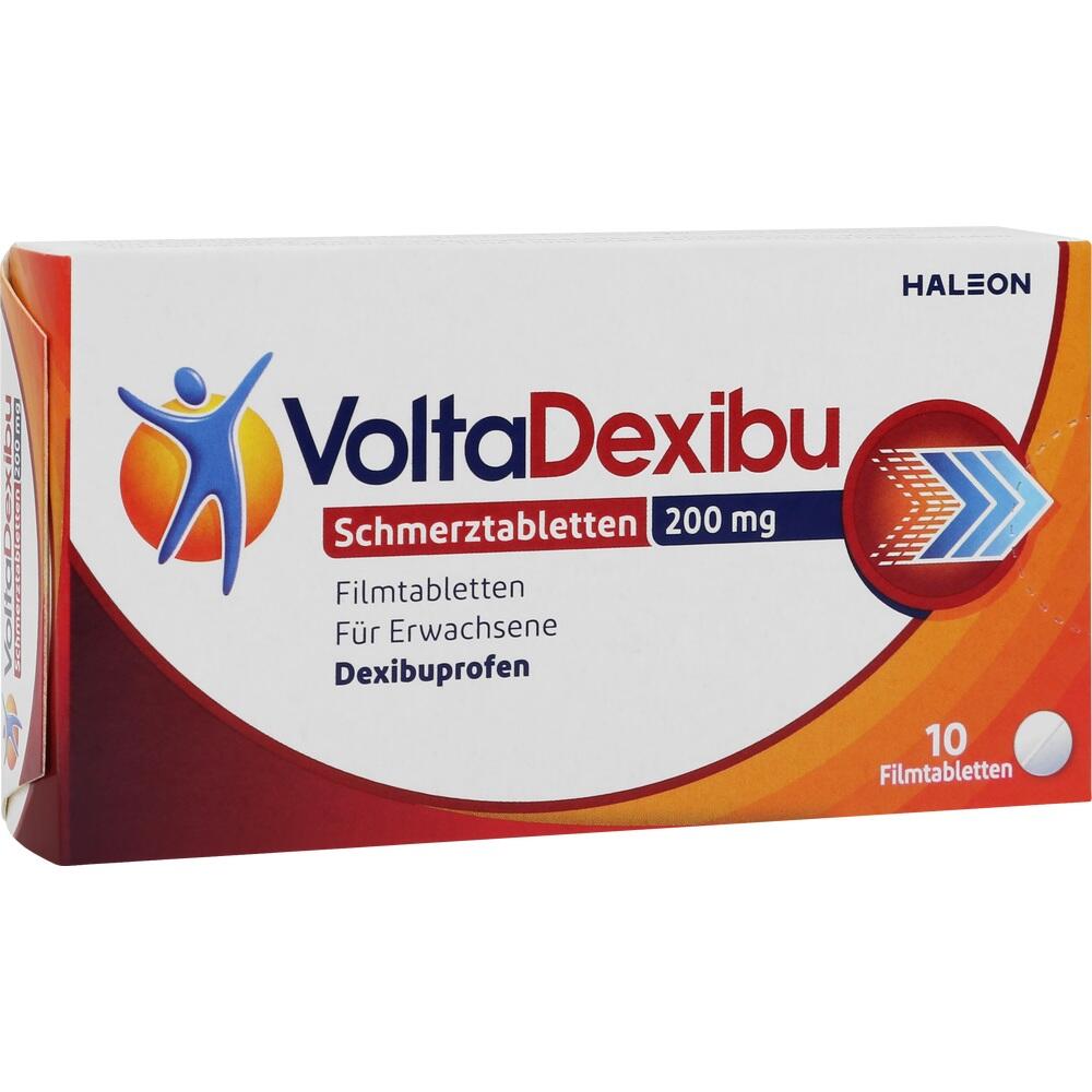 Verpackung von Schmerztabletten namens VoltaDexibu mit 200 mg Dexibuprofen.
