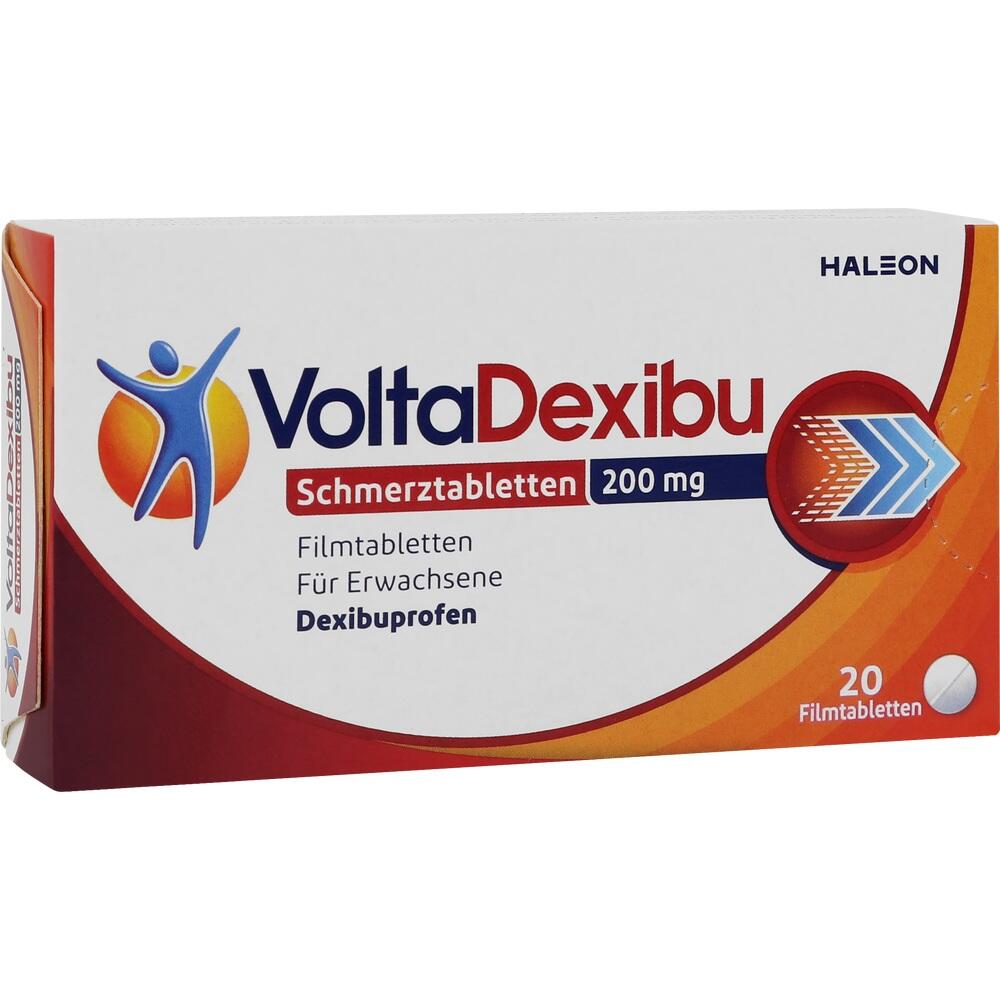 Eine Schachtel mit Schmerztabletten namens VoltaDexibu, 200 mg, f&uuml;r Erwachsene.