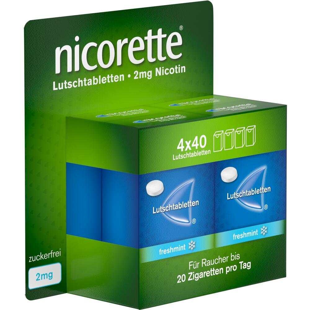 Verpackung von Nicorette Lutschtabletten mit 2mg Nikotin, zuckerfrei, für Raucher.